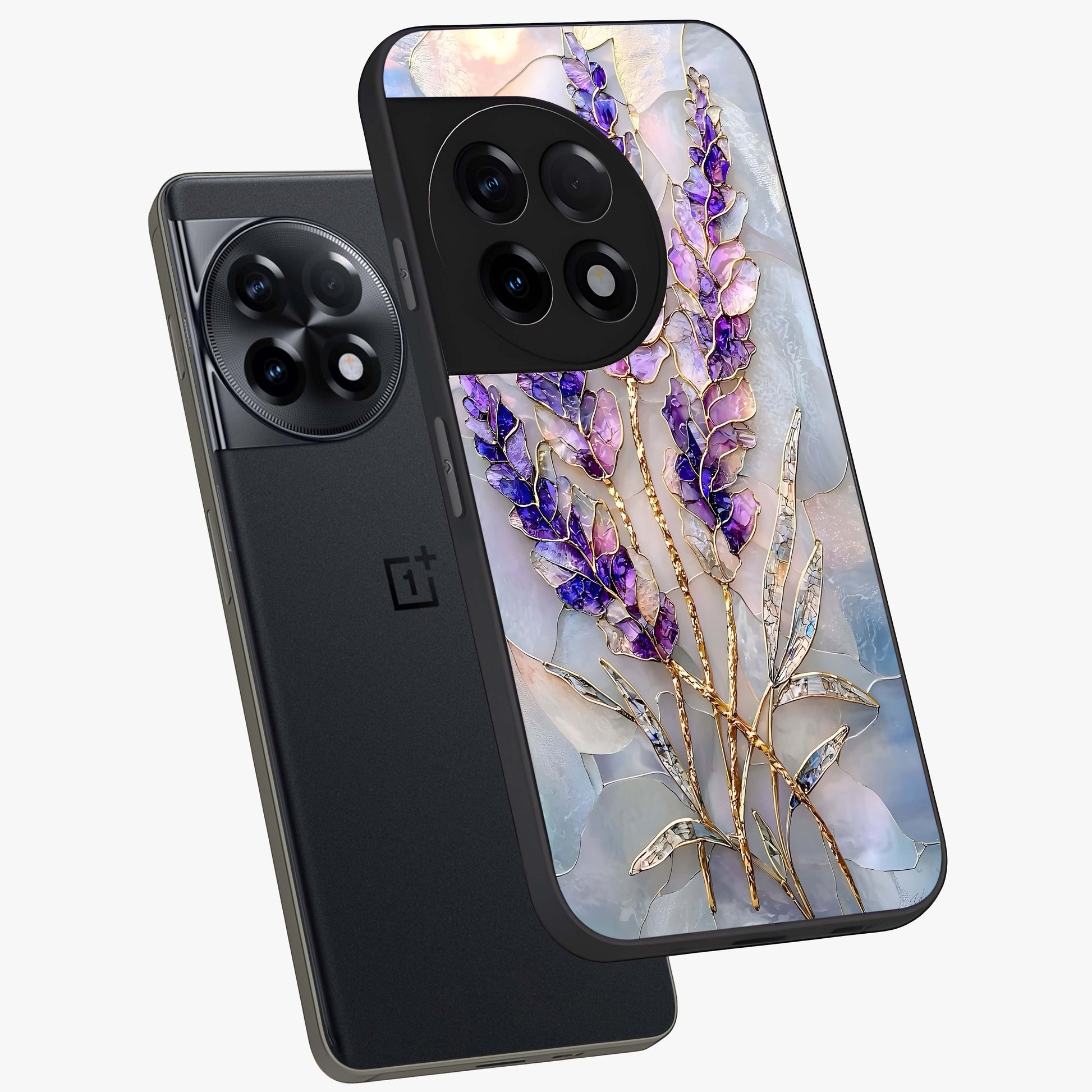 Lavender Dream Glow Glass Case for 1+11R angled mockup showcasing glossy finish and luminous purple gradients