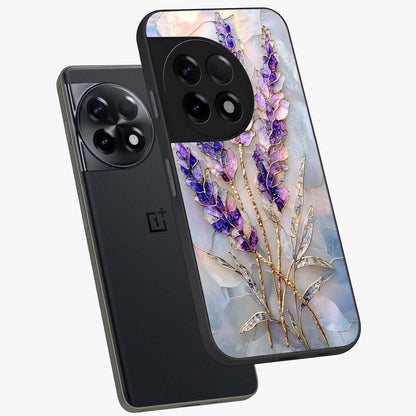 Lavender Dream Glow Glass Case for 1+11R angled mockup showcasing glossy finish and luminous purple gradients