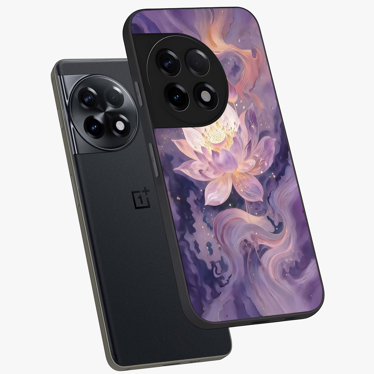 Lavender Lotus Muse Glass Case for 1+11R angled mockup showcasing glossy finish and refined floral detailing