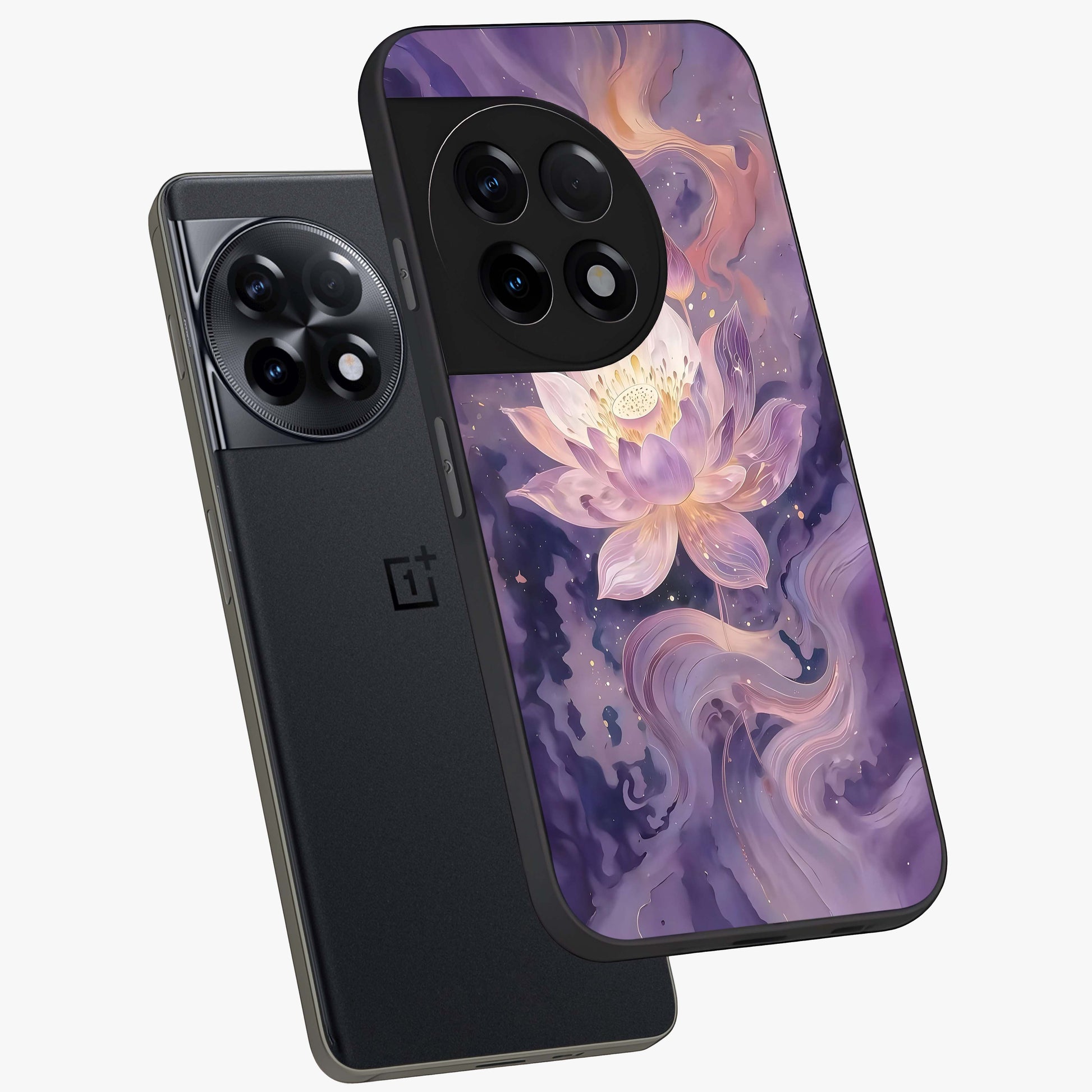 Lavender Lotus Muse Glass Case for 1+11R angled mockup showcasing glossy finish and refined floral detailing
