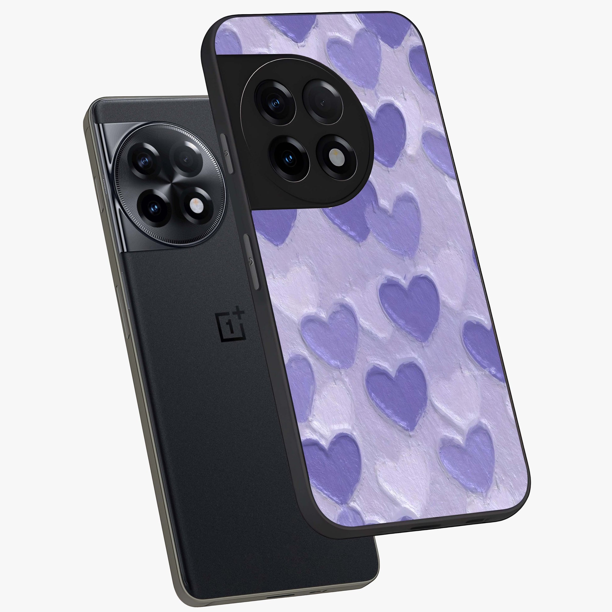 Lavender Paper Hearts Glass Case for 1+11R angled mockup showcasing glossy finish and playful pastel detailing