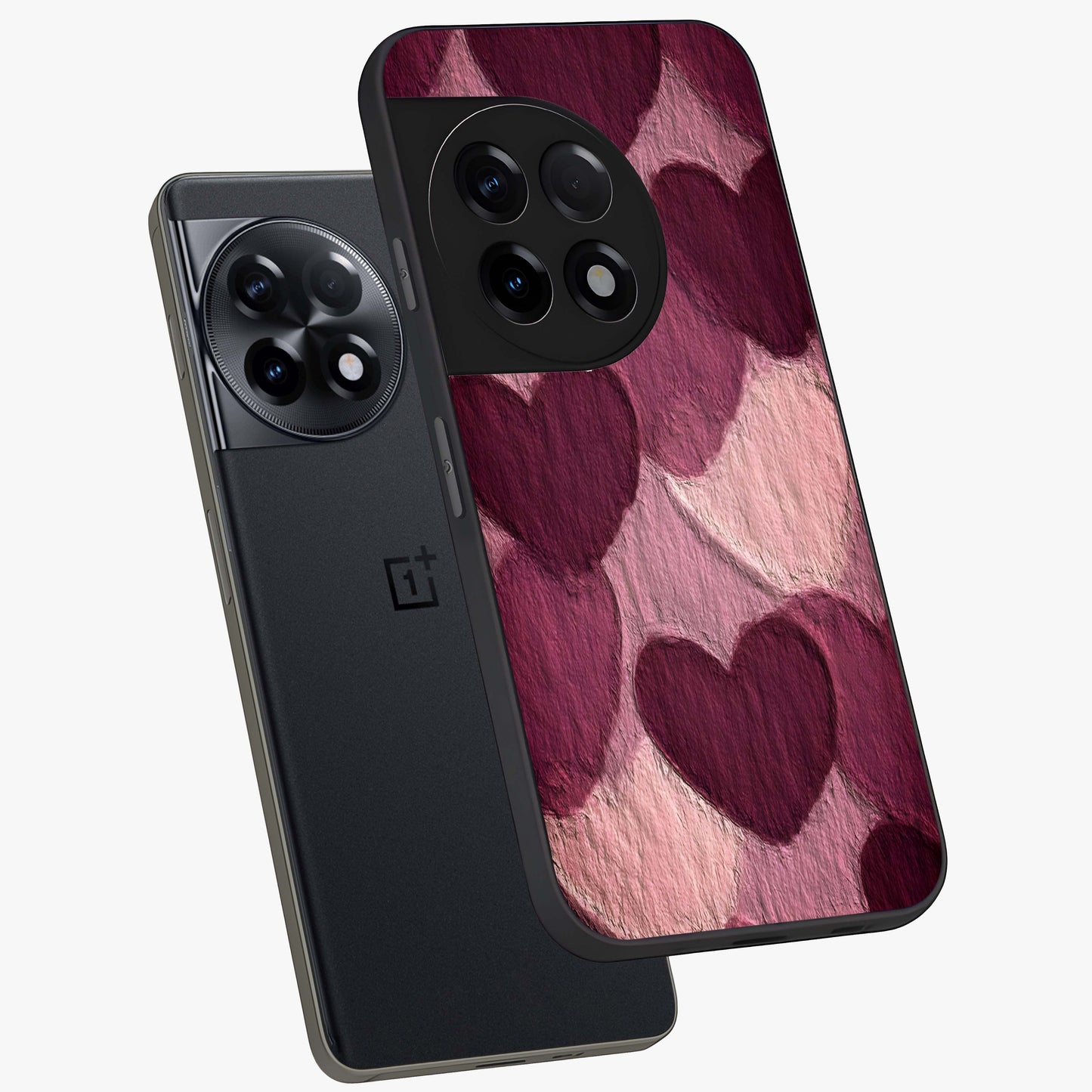 Layered Paper Hearts Glass Case for 1+11R angled mockup showcasing glossy finish and soft romantic tones