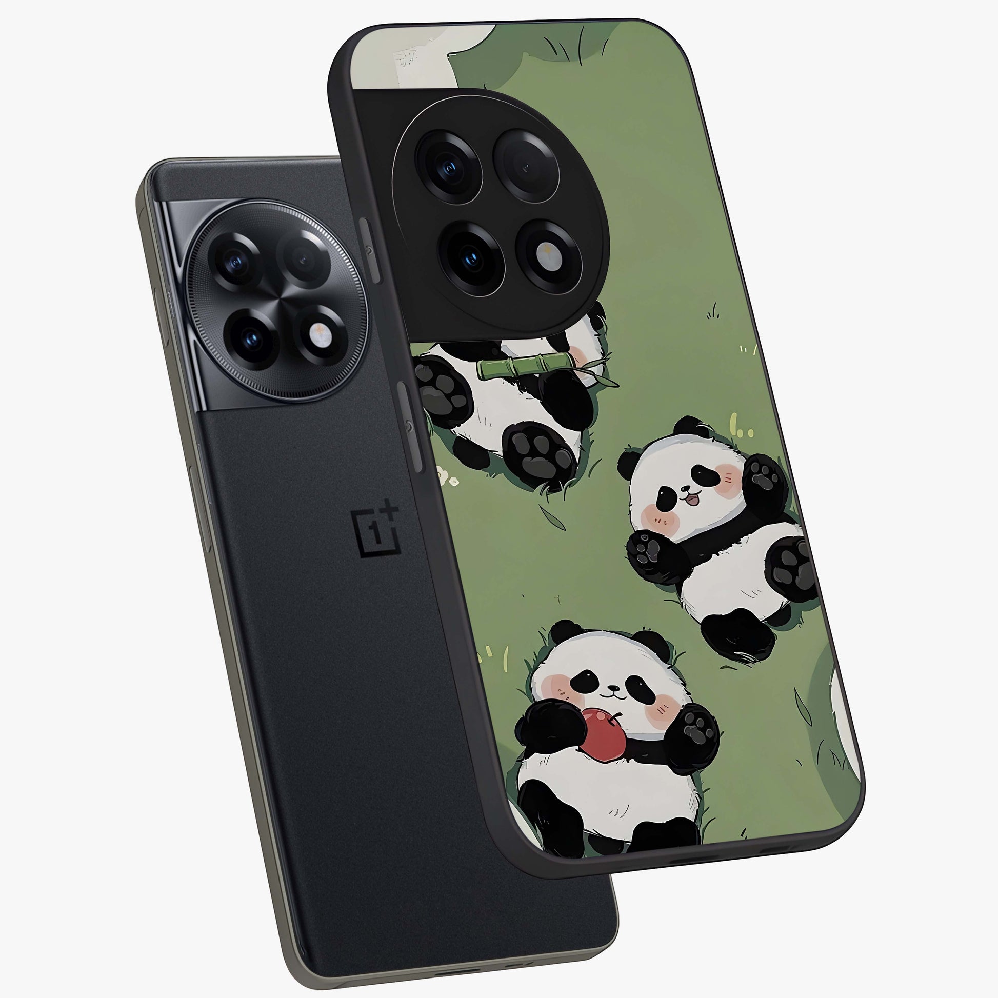 Lazy Panda Picnic Glass Case for 1+11R angled mockup showcasing glossy finish and vibrant cartoon detailing