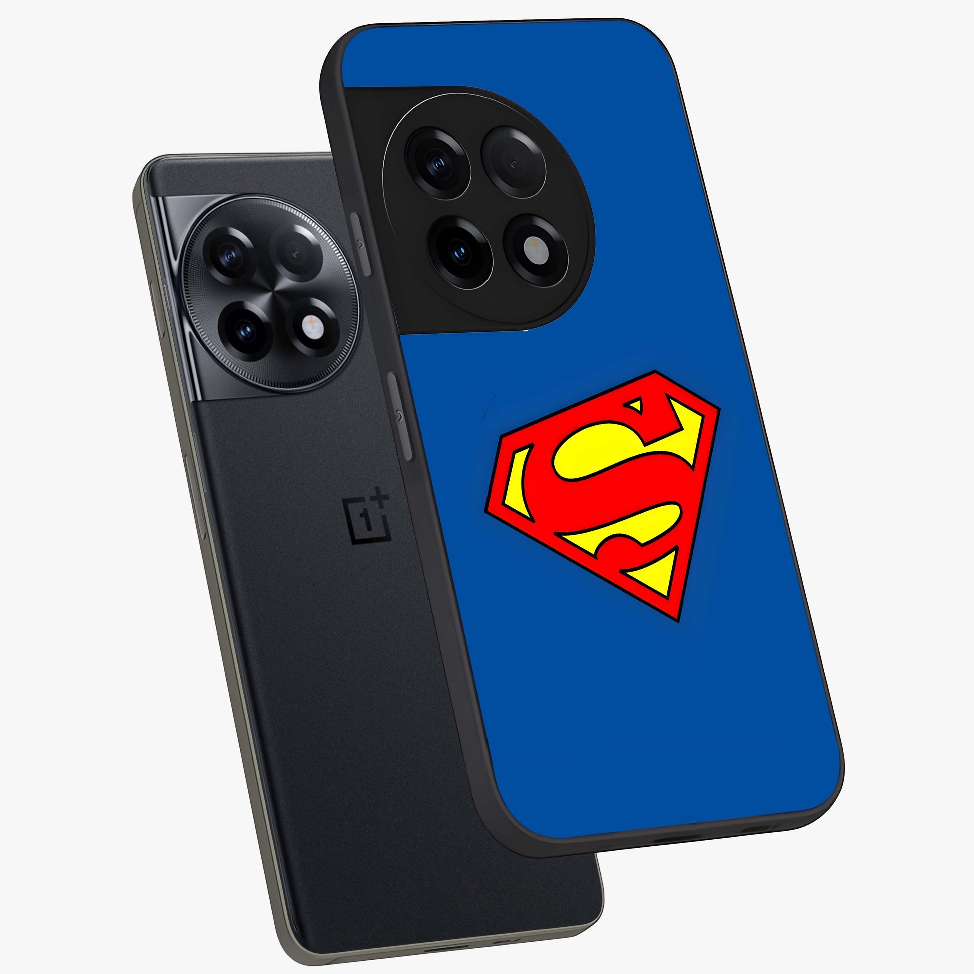 Legendary Hero Emblem Glass Case for 1+11R angled mockup showcasing glossy glass finish and strong graphic detailing