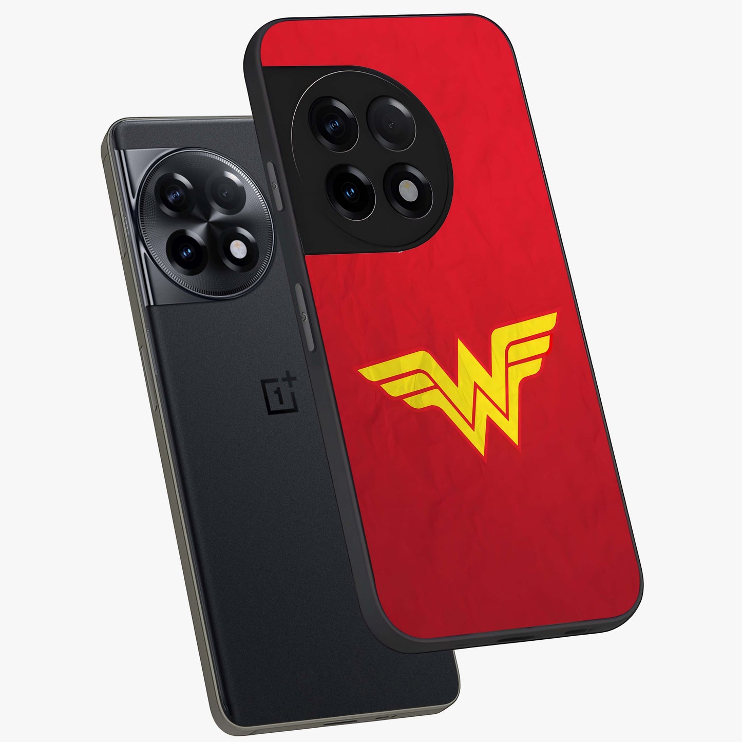 Legendary Wonder Power Glass Case for 1+11R angled mockup showcasing glossy finish and vibrant power tones