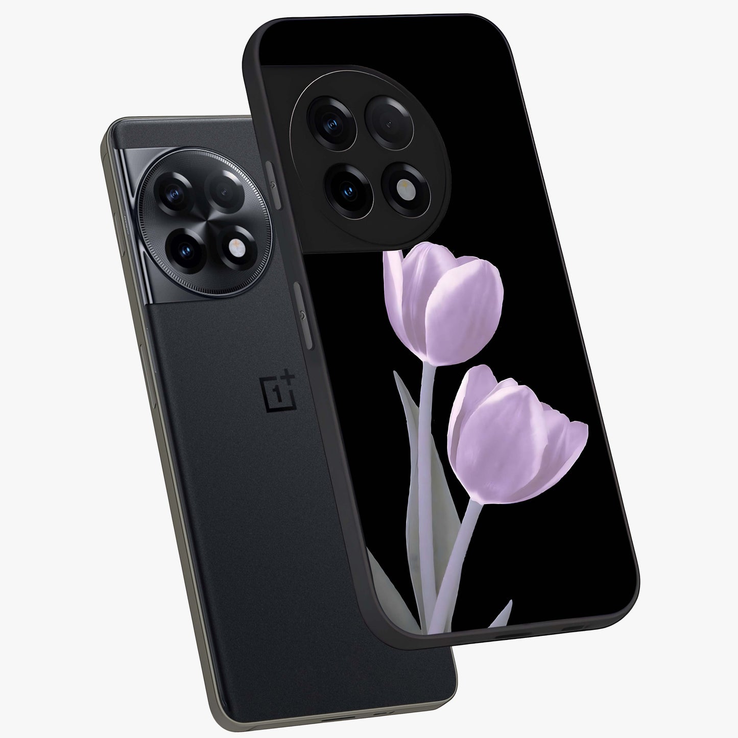 Lilac Tulip Flowers Glass Case for 1+11R angled mockup showcasing glossy finish and delicate bloom detailing