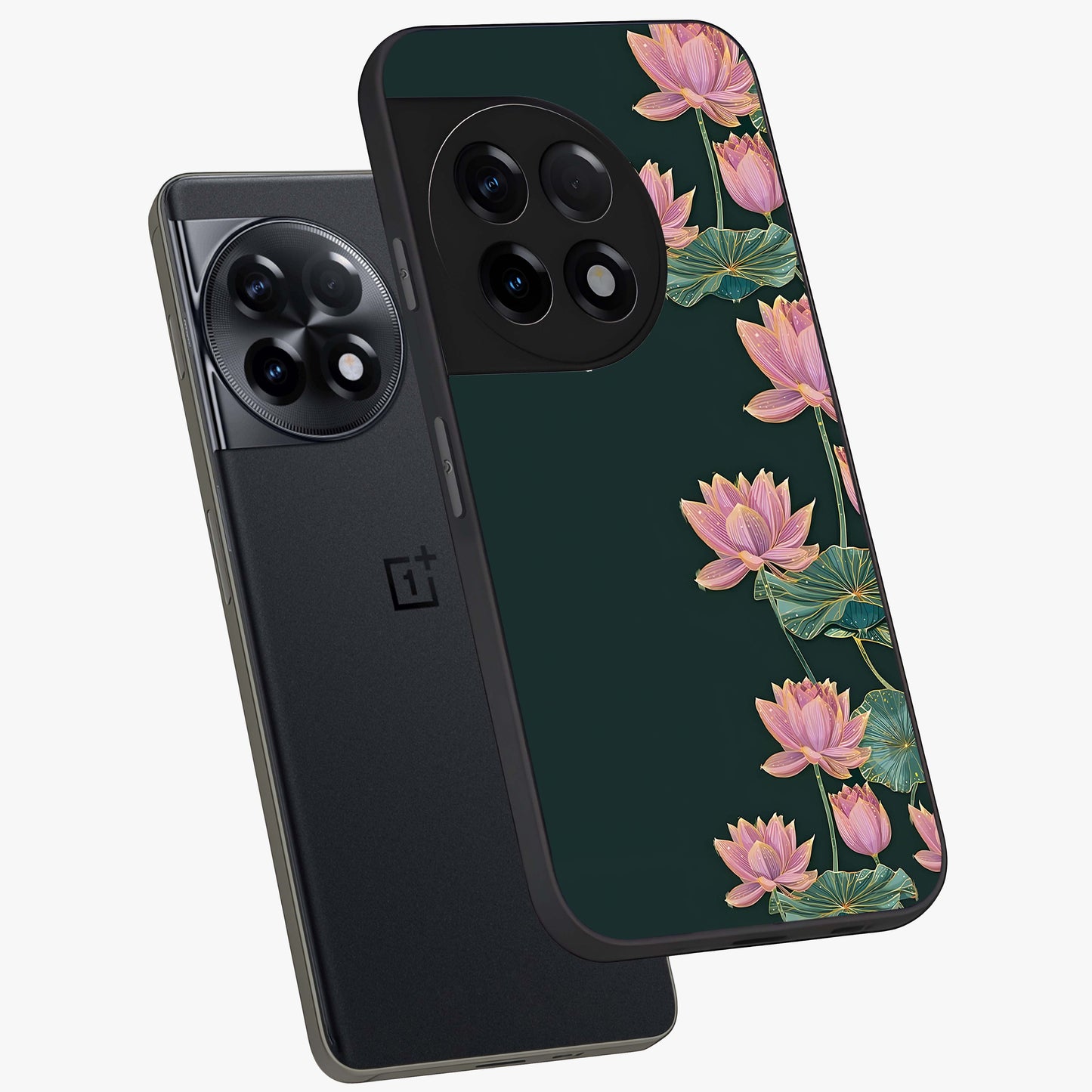 Lotus Bloom Serenity Glass Case for 1+11R angled mockup showcasing glossy glass finish and calming tones