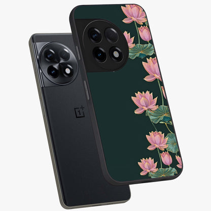 Lotus Bloom Serenity Glass Case for 1+11R angled mockup showcasing glossy glass finish and calming tones