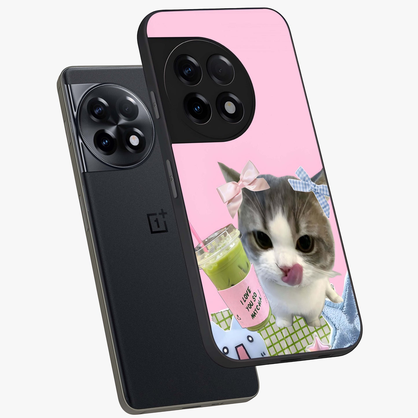 Love Matcha Cat Glass Case for 1+11R angled mockup showcasing glossy finish and playful pastel tones