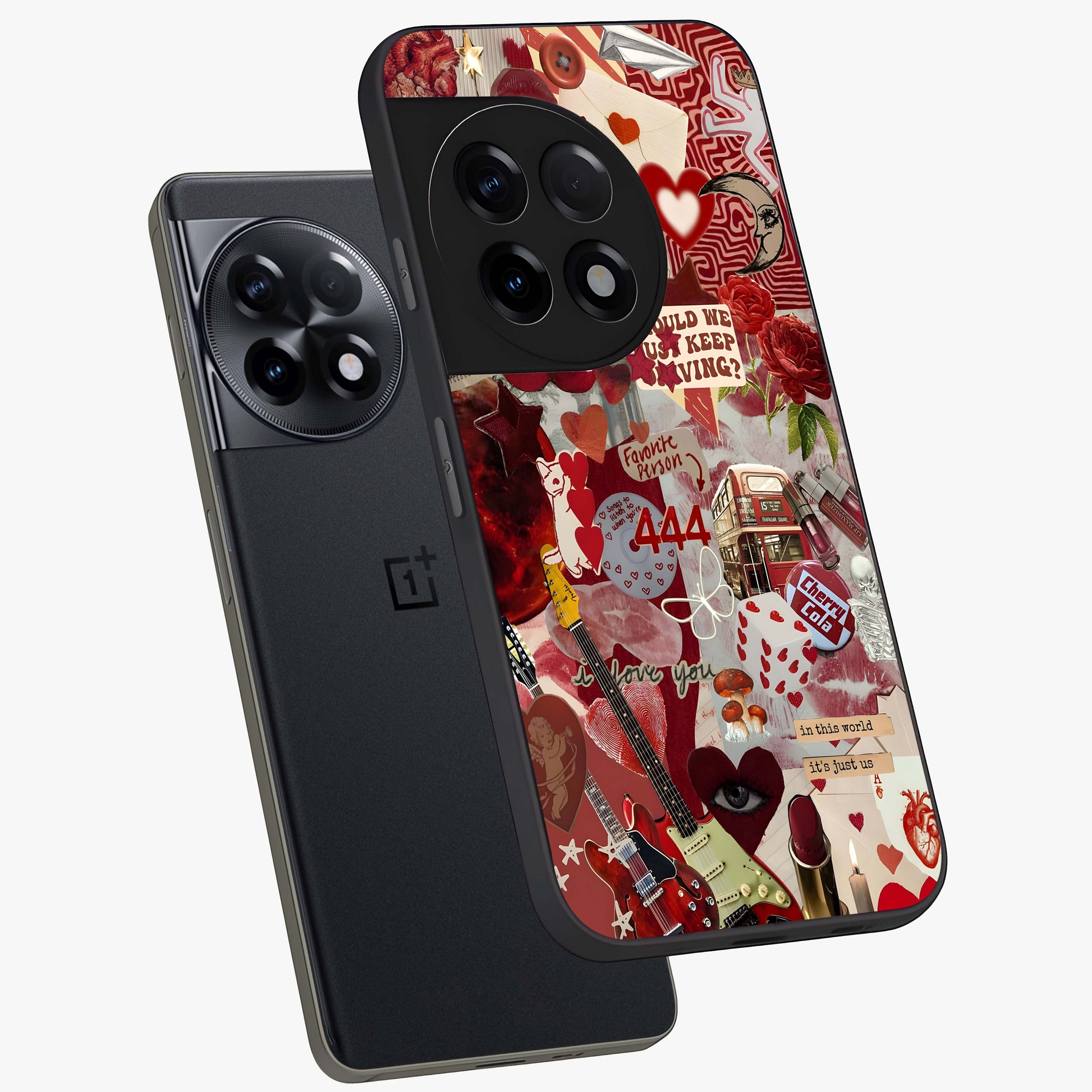 Lover’S Red Chaos Glass Case for 1+11R angled mockup showcasing glossy finish and dramatic crimson tones