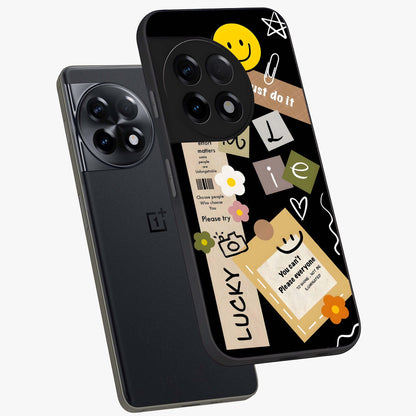 Lucky Aesthetic Collage Case Glass Case for 1+11R angled mockup showcasing glossy finish and colorful textures