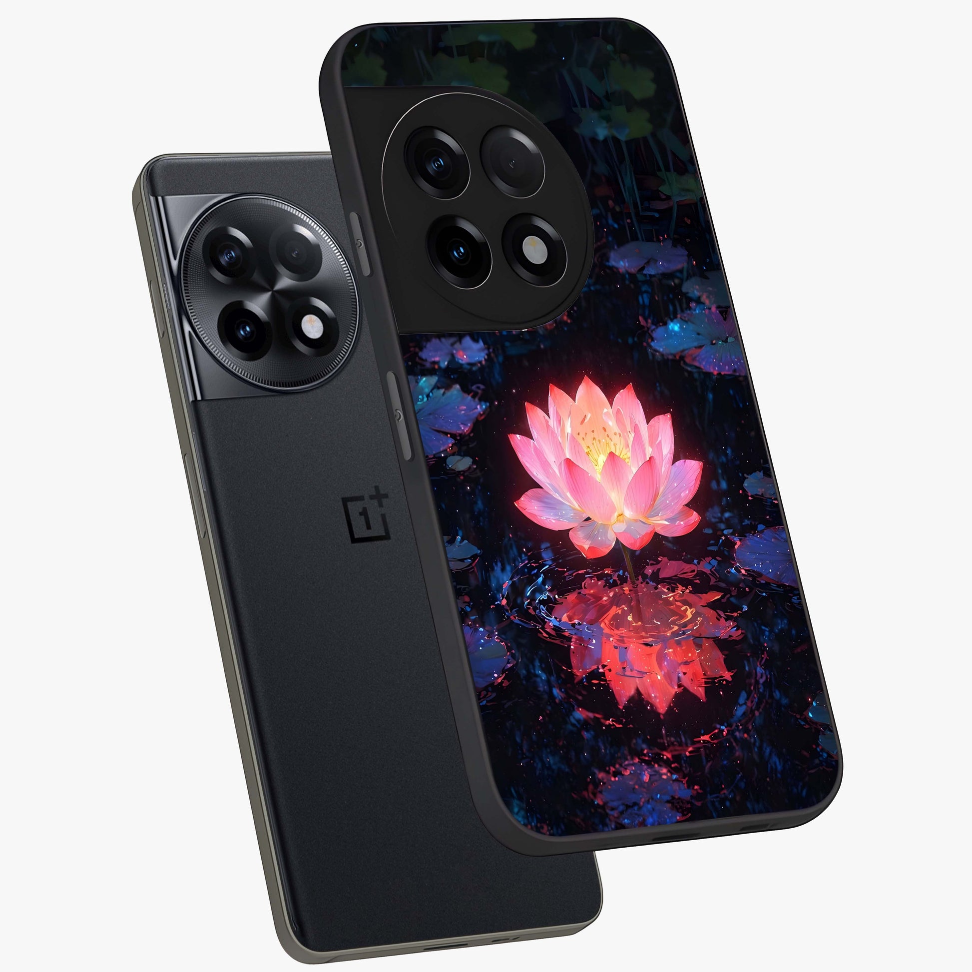 Luminous Lotus Glow Glass Case for 1+11R angled mockup showcasing glossy finish and warm luminous tones