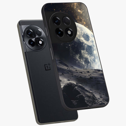 Lunar Horizon Glow Glass Case for 1+11R angled mockup showcasing glossy finish and warm night tones