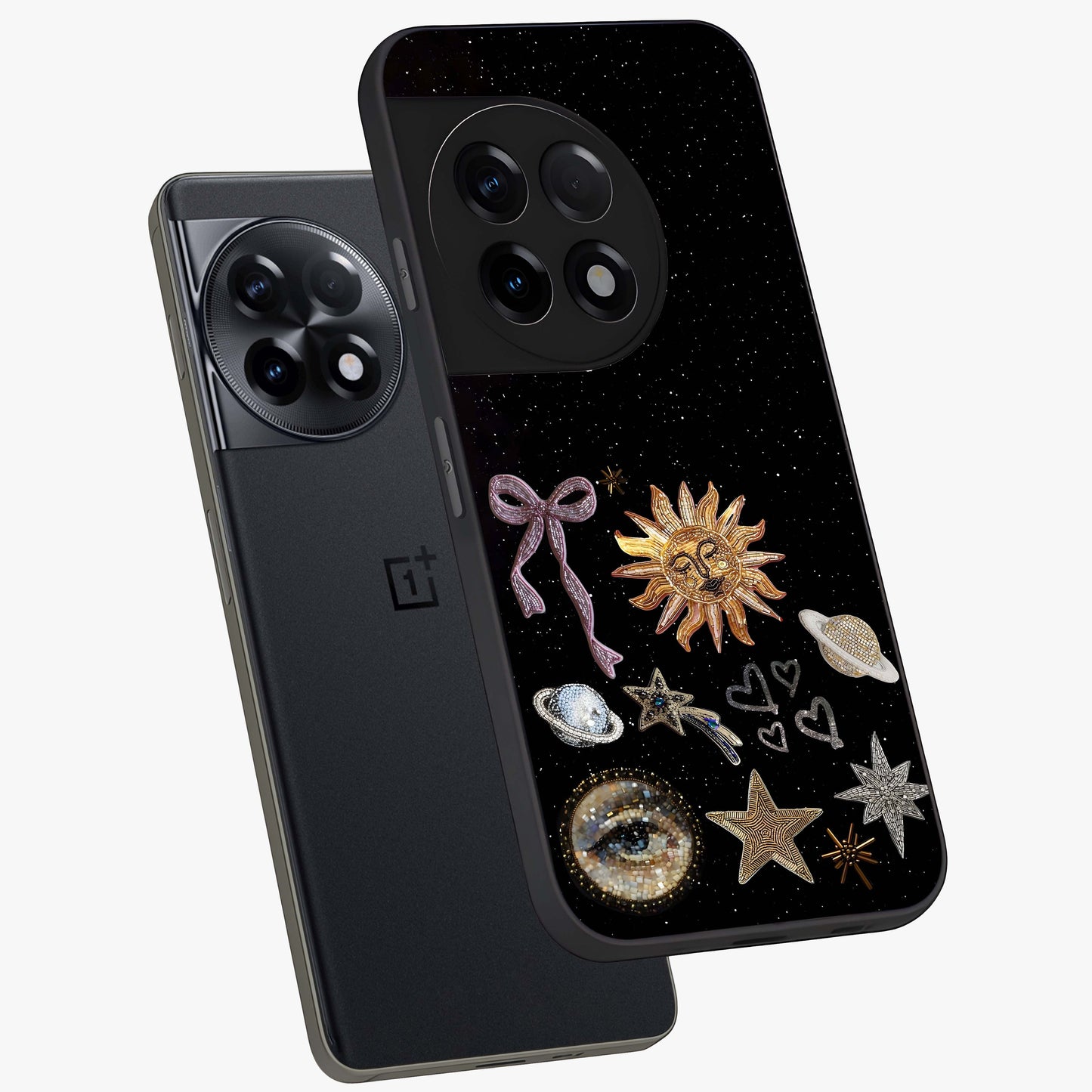 Magical Jewelry Vibe Glass Case for 1+11R angled mockup showcasing glossy finish and sparkling detailing