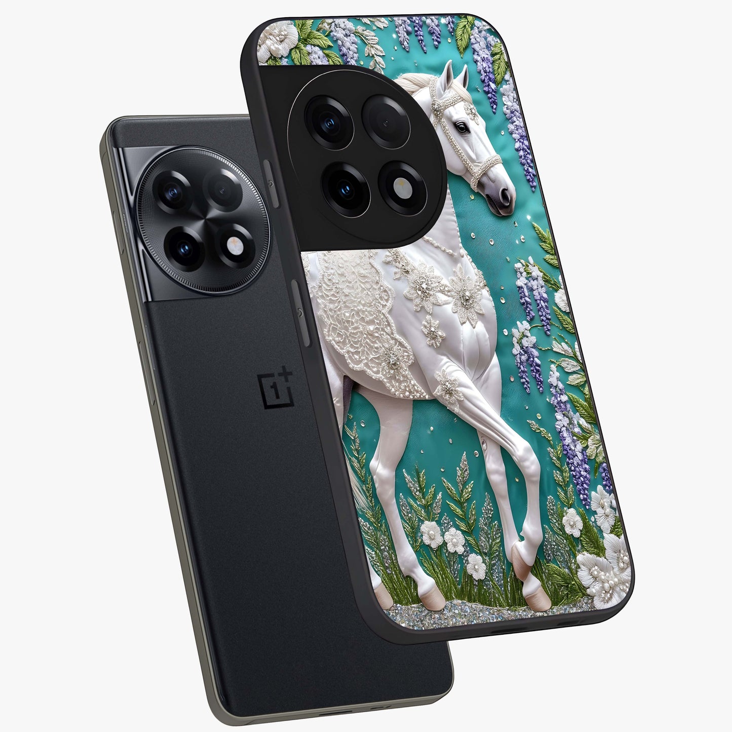 Majestic Floral Stallion Glass Case for 1+11R angled mockup showcasing glossy finish and vibrant artistic tones