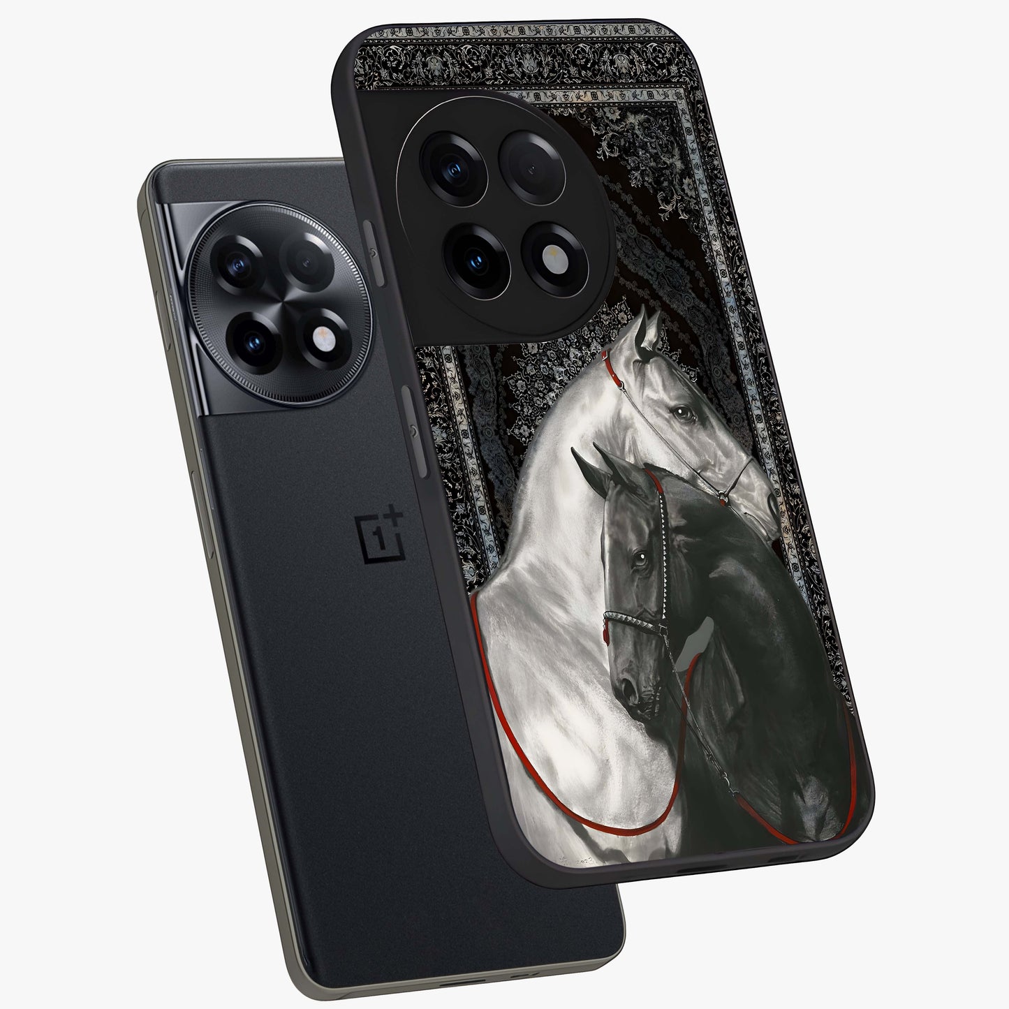 Majestic Ride Legacy Glass Case for 1+11R angled mockup showcasing glossy finish and strong graphic detailing