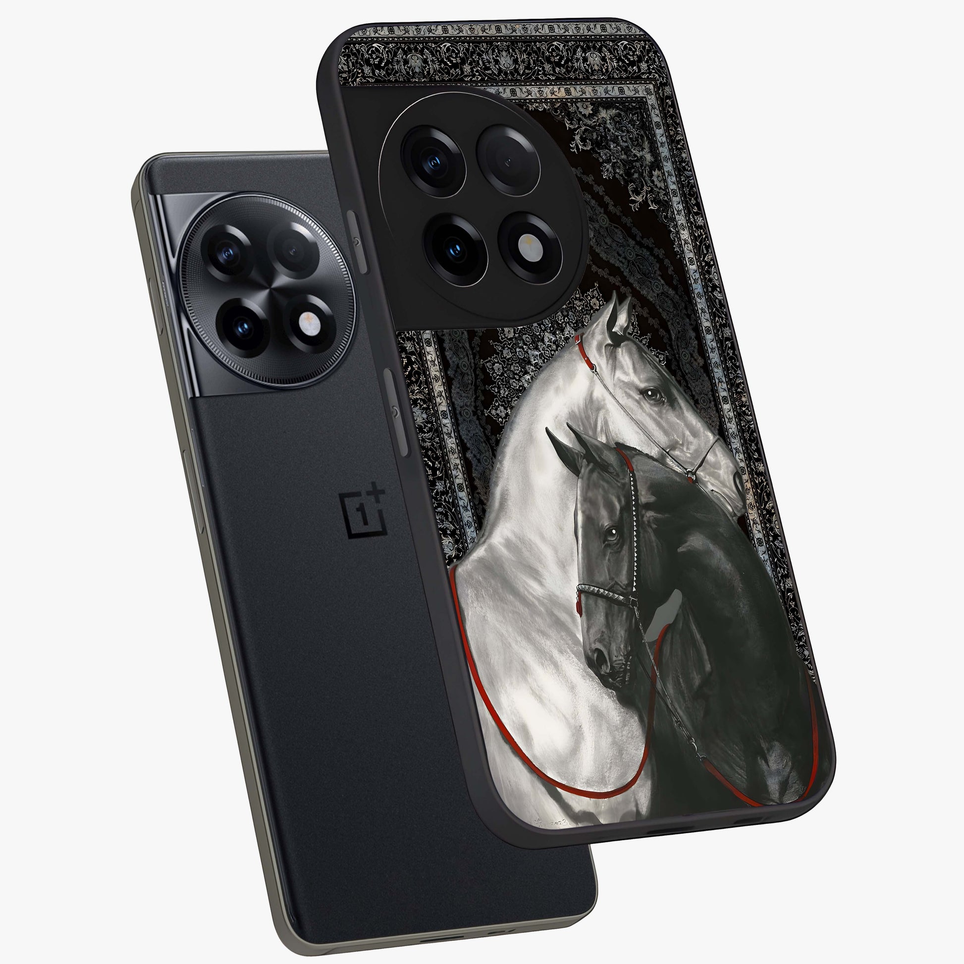 Majestic Ride Legacy Glass Case for 1+11R angled mockup showcasing glossy finish and strong graphic detailing