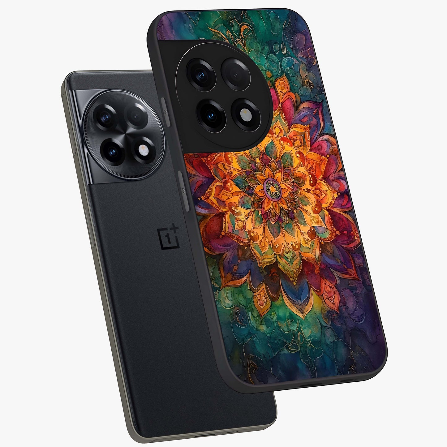 Mandala Vibrants Glass Case for 1+11R angled mockup showcasing glossy finish and intricate geometric detailing