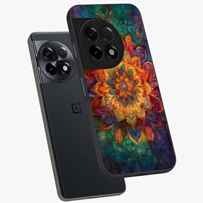 Mandala Vibrants Glass Case for 1+11R angled mockup showcasing glossy finish and intricate geometric detailing