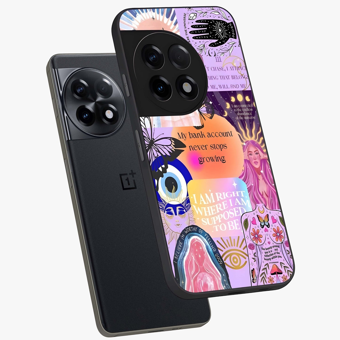 Manifestation Collage Glass Case for 1+11R angled mockup showcasing glossy finish and layered artistic textures