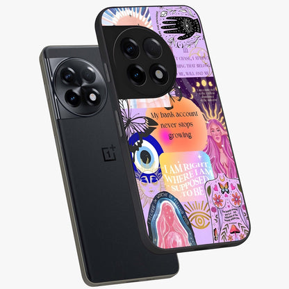 Manifestation Collage Glass Case for 1+11R angled mockup showcasing glossy finish and layered artistic textures
