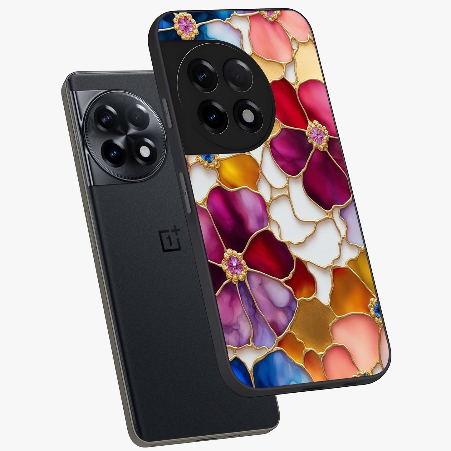 Marble Flower Pattern Glass Case for 1+11R angled mockup showcasing glossy finish and detailed bloom accents