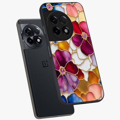 Marble Flower Pattern Glass Case for 1+11R angled mockup showcasing glossy finish and detailed bloom accents