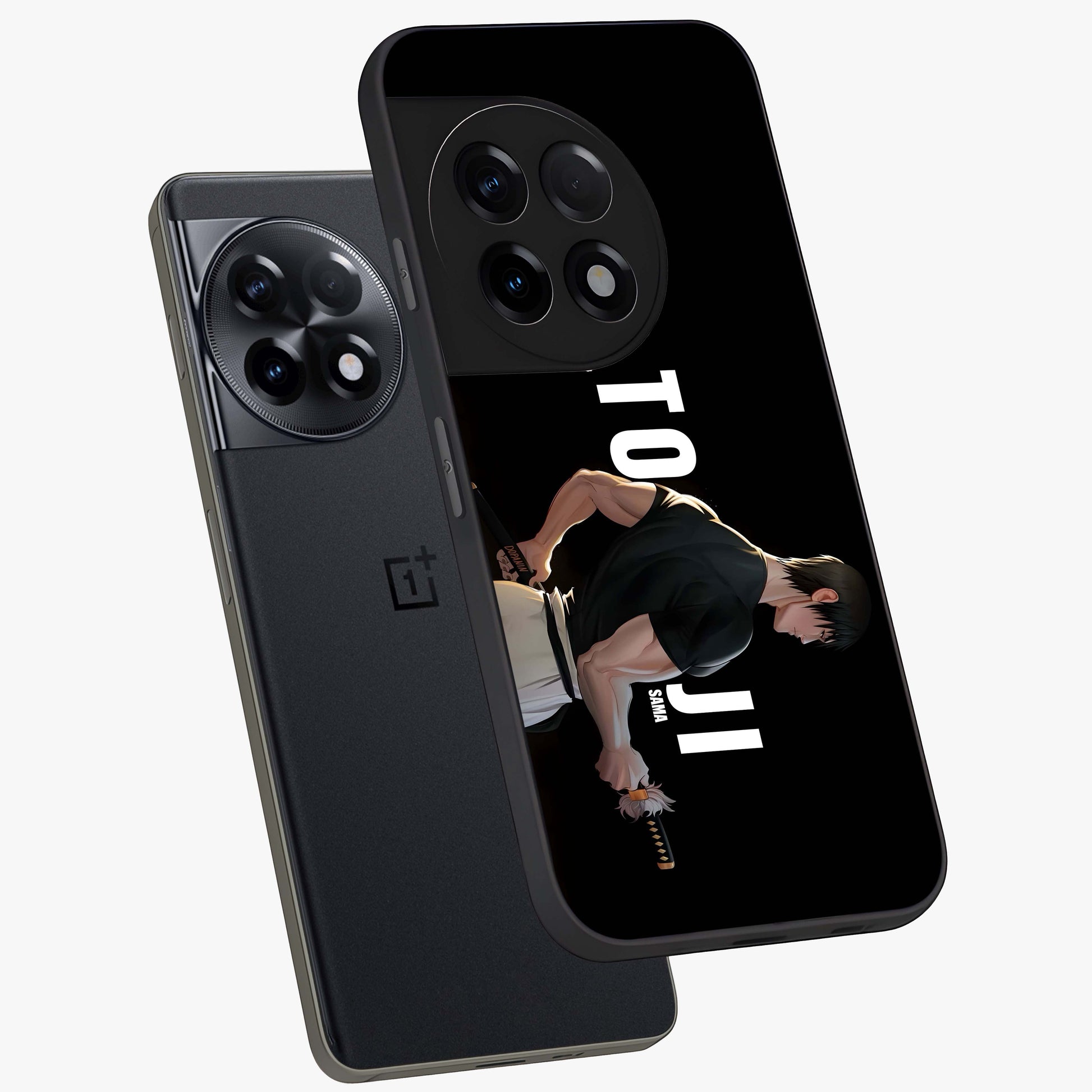 Midnight Blade Resolve Glass Case for 1+11R angled mockup showcasing glossy finish and dramatic midnight detailing