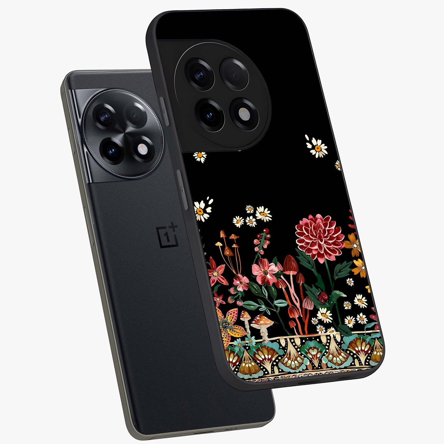 Midnight Bloom Pattern Glass Case for 1+11R angled mockup showcasing glossy finish and rich bloom detailing
