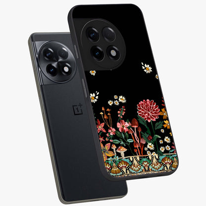 Midnight Bloom Pattern Glass Case for 1+11R angled mockup showcasing glossy finish and rich bloom detailing