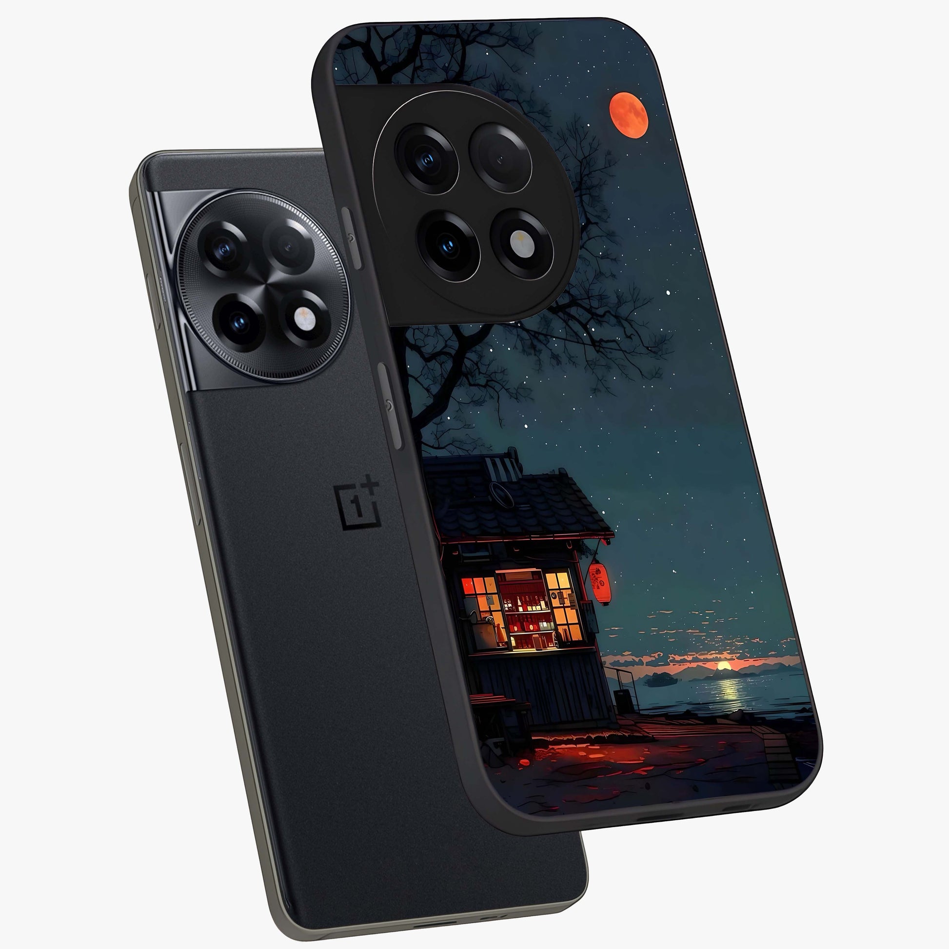 Midnight Lantern Glow Glass Case for 1+11R angled mockup showcasing glossy finish and warm luminous tones