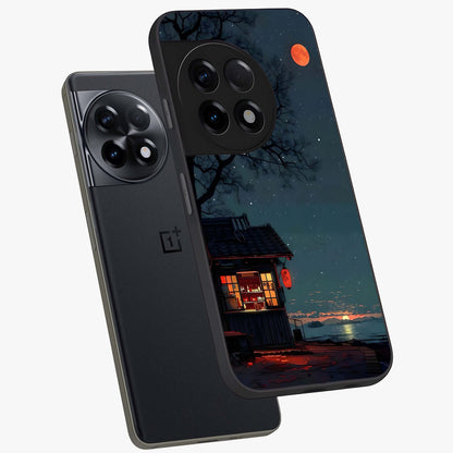 Midnight Lantern Glow Glass Case for 1+11R angled mockup showcasing glossy finish and warm luminous tones