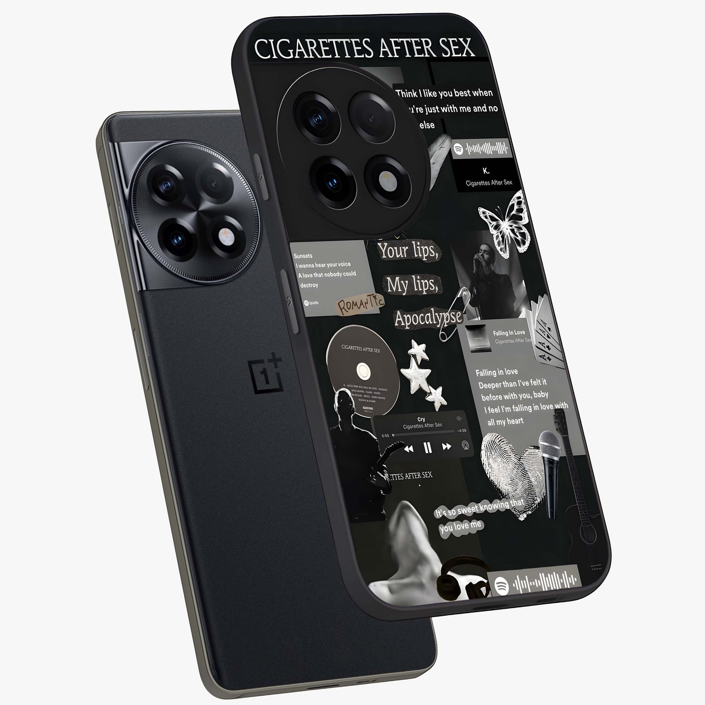 Midnight Love Glass Case for 1+11R angled mockup showcasing glossy finish and warm luminous tones