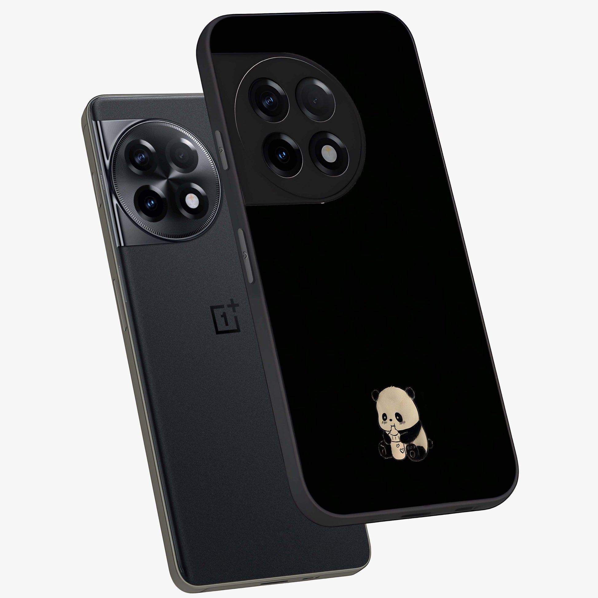 Midnight Panda Love Glass Case for 1+11R angled mockup showcasing glossy finish and soft contrast tones