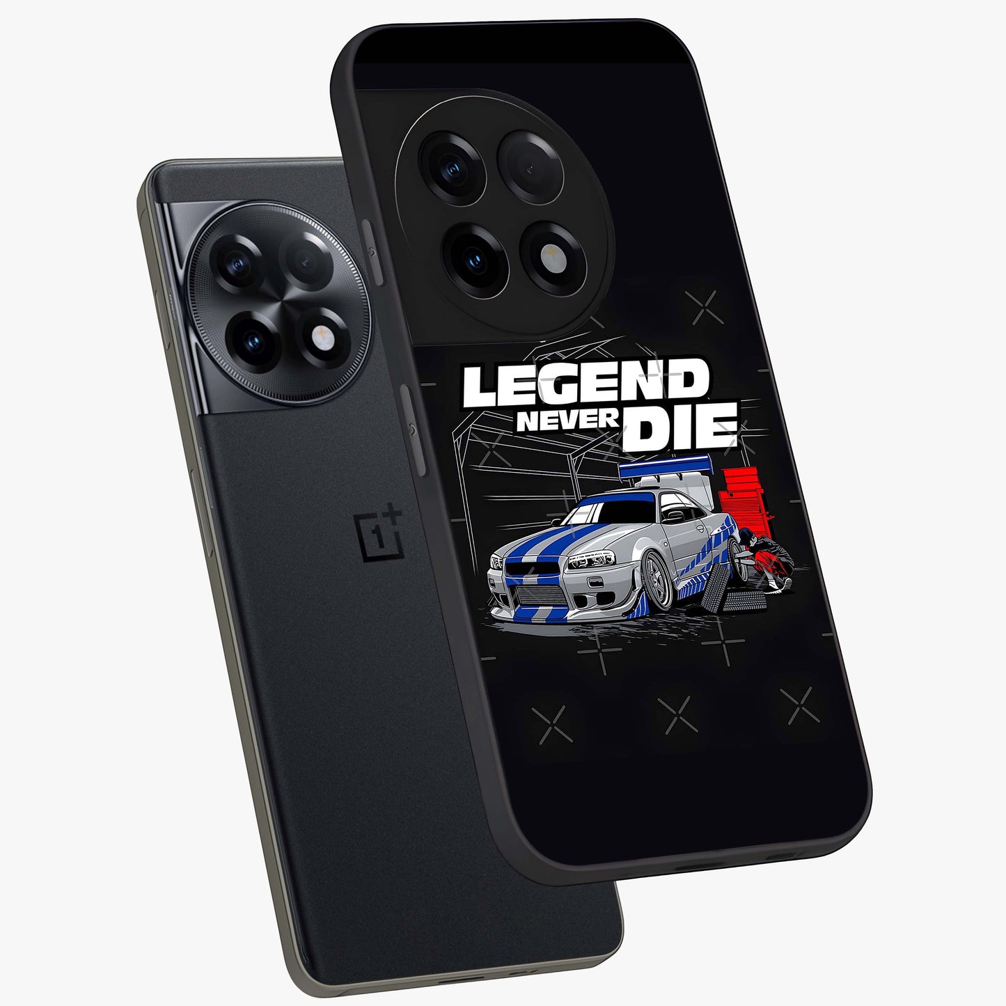 Midnight Racing Legacy Glass Case for 1+11R angled mockup showcasing glossy glass finish and dynamic motion detailing