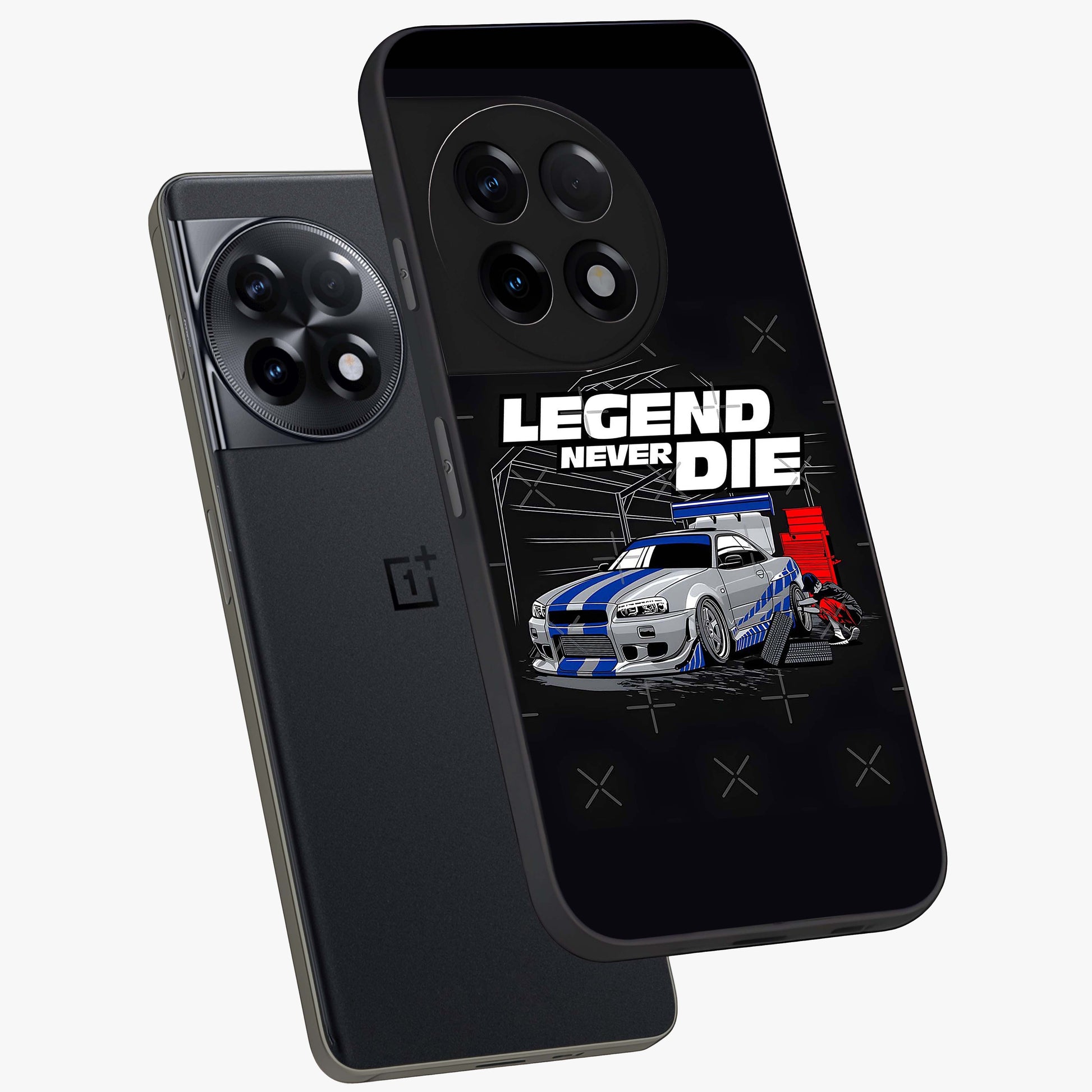 Midnight Racing Legacy Glass Case for 1+11R angled mockup showcasing glossy glass finish and dynamic motion detailing