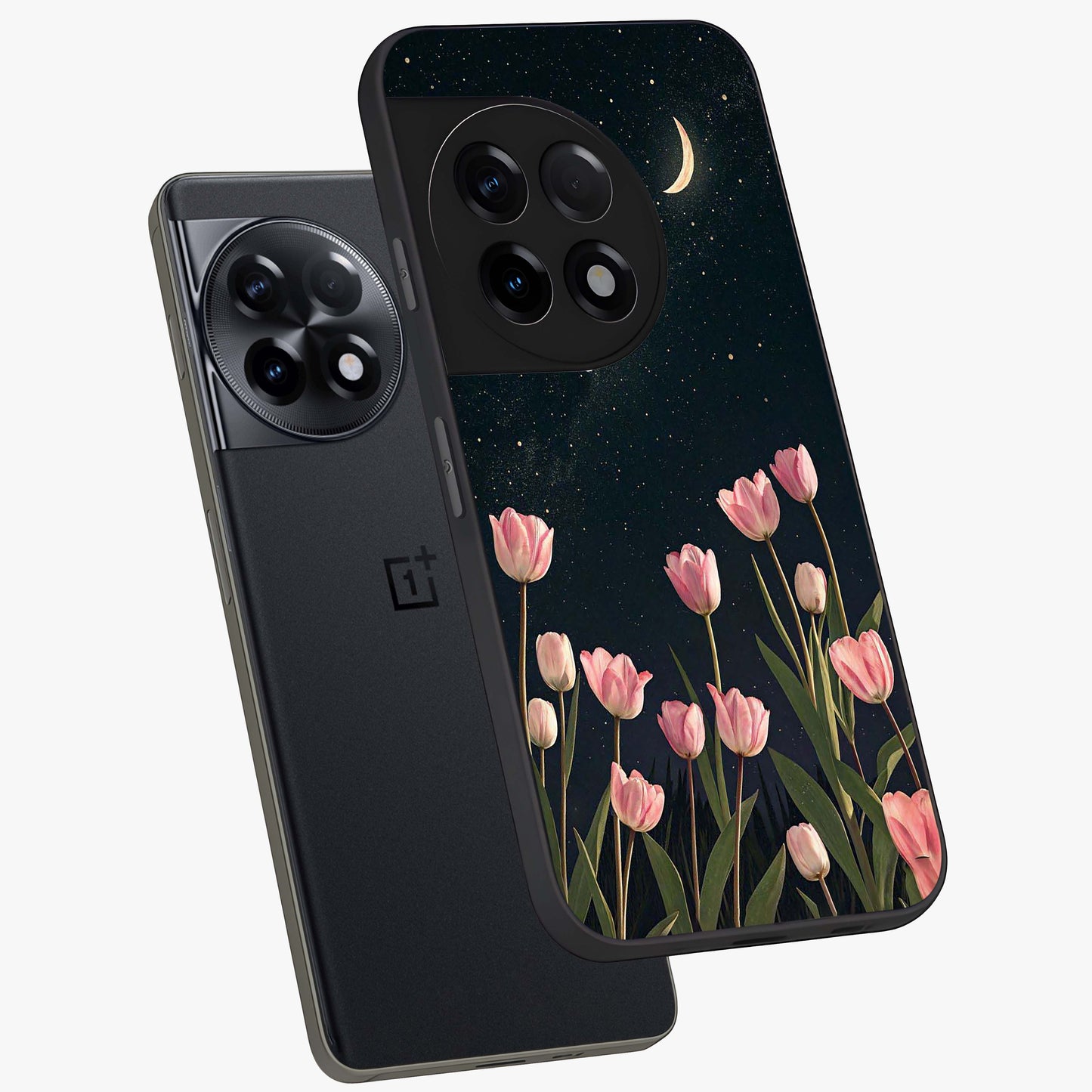 Midnight Tulip Whispers Vibe Glass Case for 1+11R angled mockup showcasing glossy finish and subtle bloom detailing