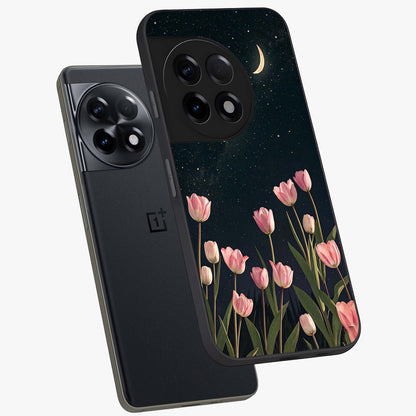 Midnight Tulip Whispers Vibe Glass Case for 1+11R angled mockup showcasing glossy finish and subtle bloom detailing