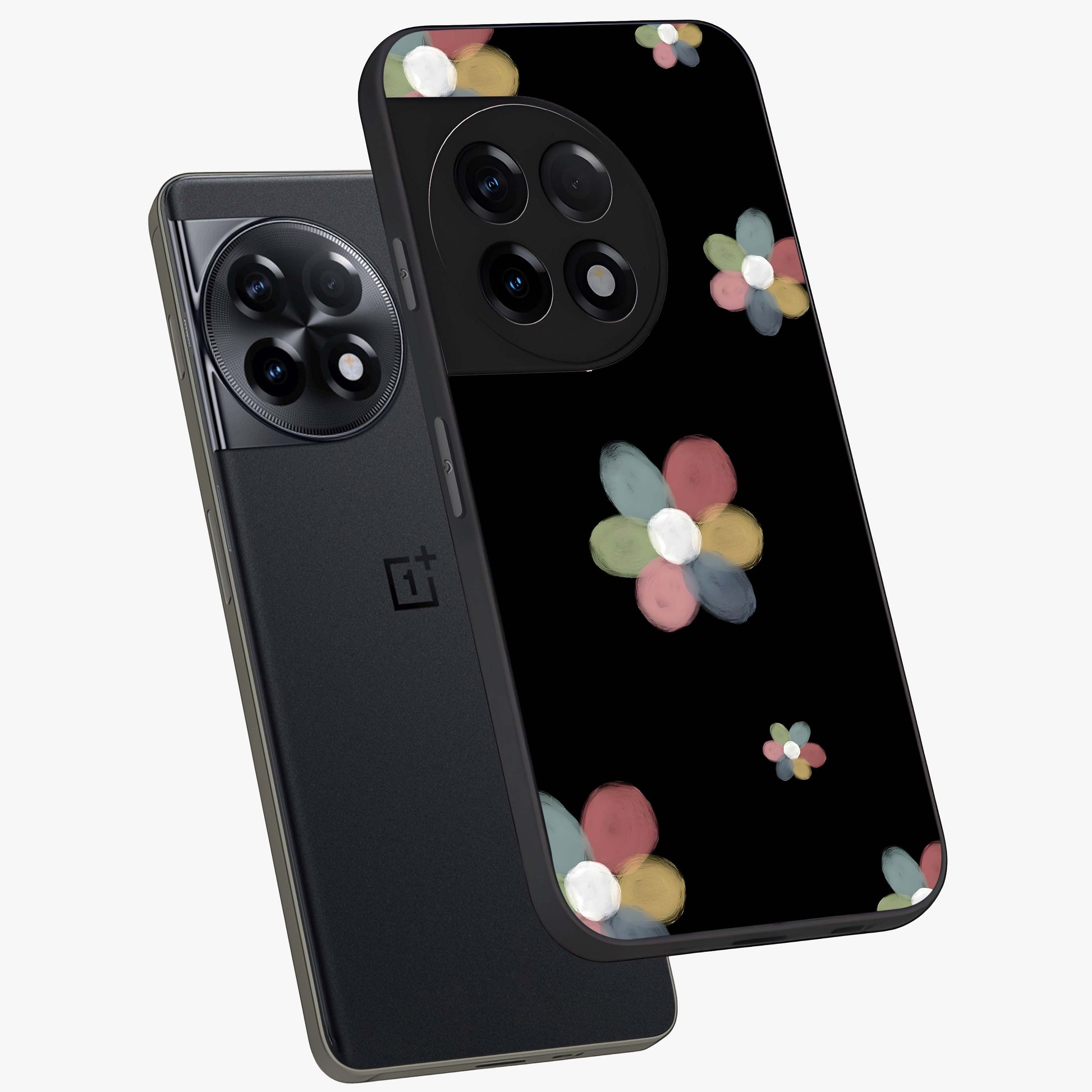 Minimal Floral Charm Glass Case for 1+11R angled mockup showcasing glossy finish and soft pastel tones
