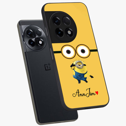Minion Custom Name Glass Case for 1+11R angled mockup showcasing glossy finish and vibrant character detailing
