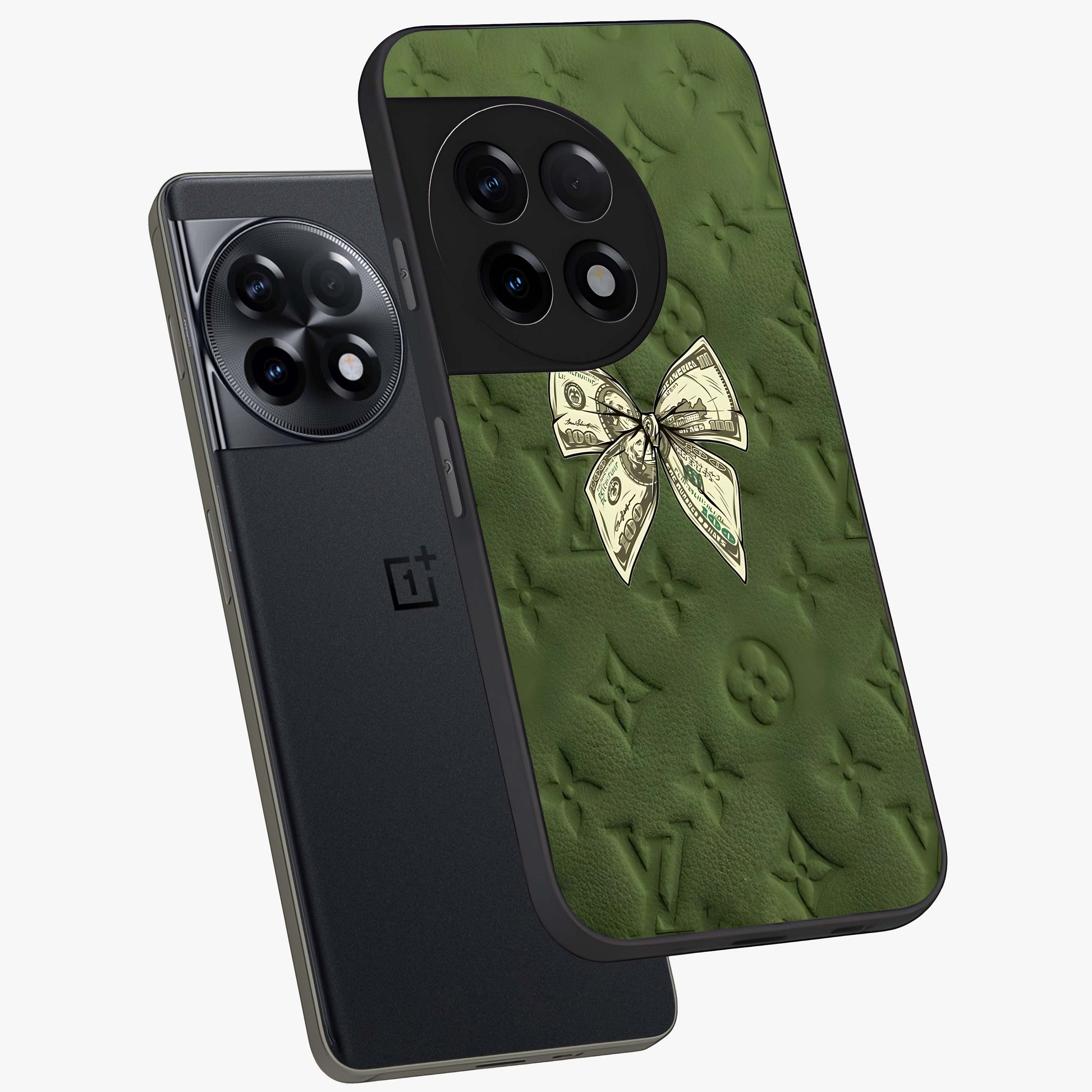 Money Bow Lv Glass Case for 1+11R angled mockup showcasing glossy finish and premium aesthetic detailing