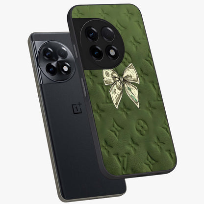 Money Bow Lv Glass Case for 1+11R angled mockup showcasing glossy finish and premium aesthetic detailing