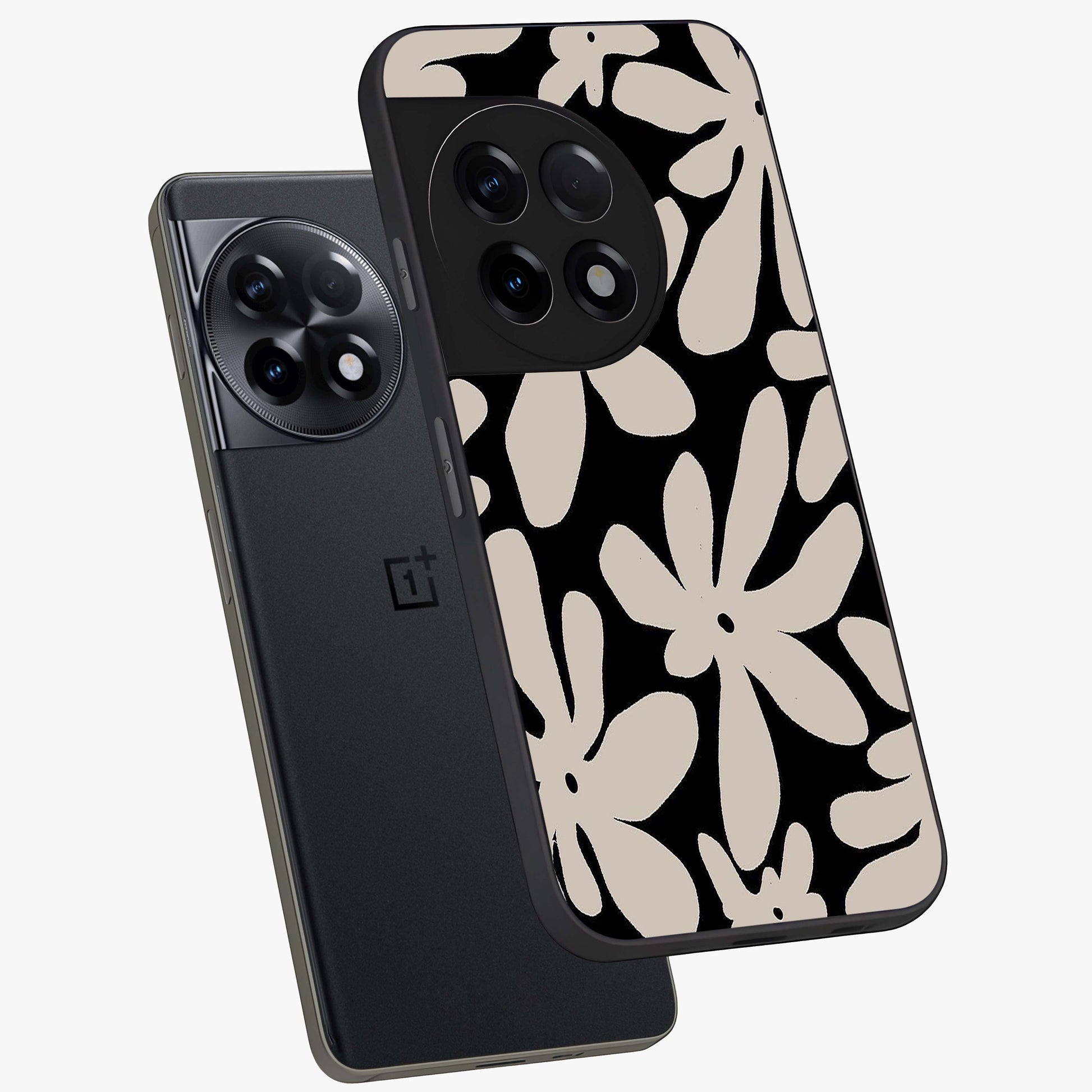 Monochrome Petal Dance Glass Case for 1+11R angled mockup showcasing glossy finish and elegant contrast detailing