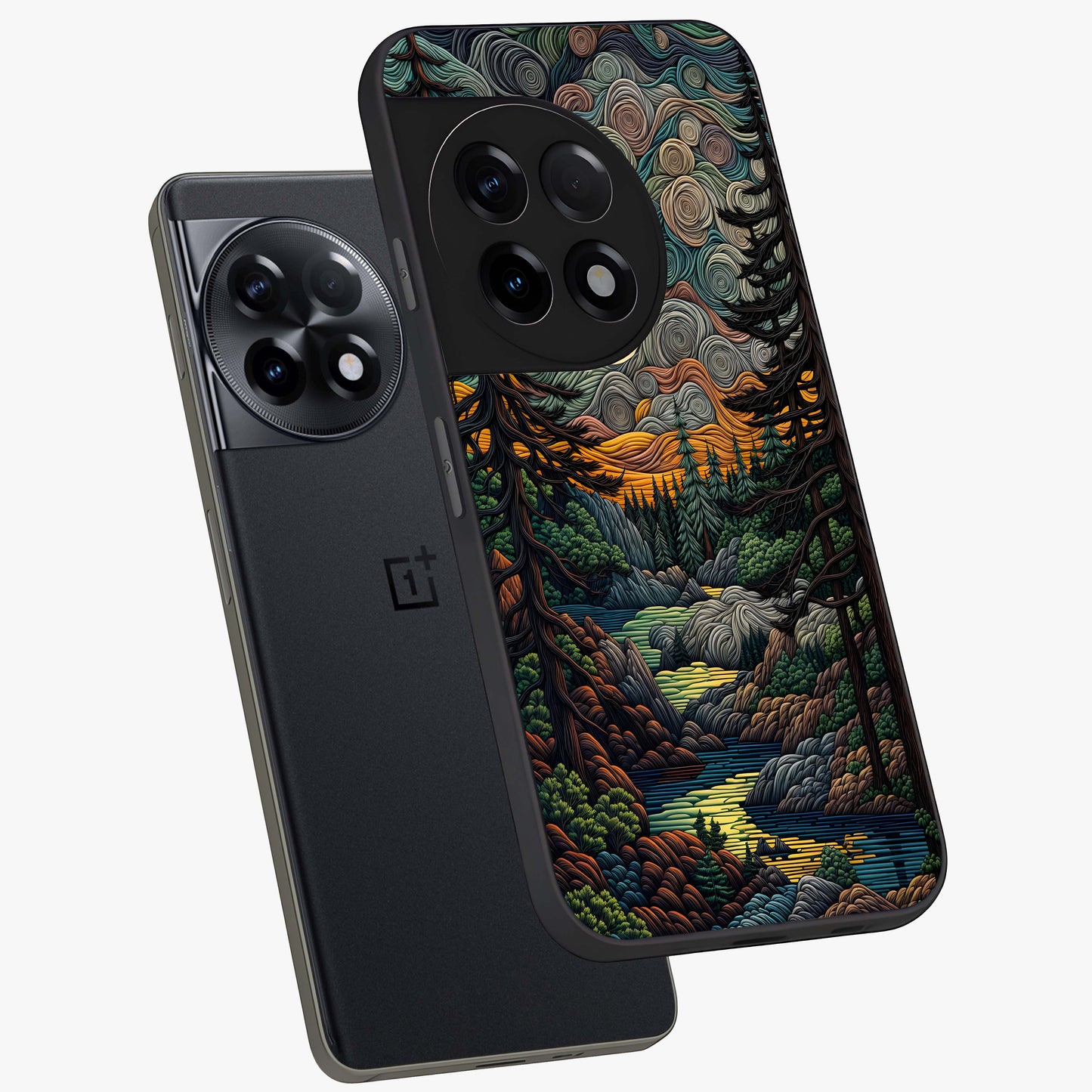 Moonlight Forest Dream Glass Case for 1+11R angled mockup showcasing glossy finish and deep night gradients