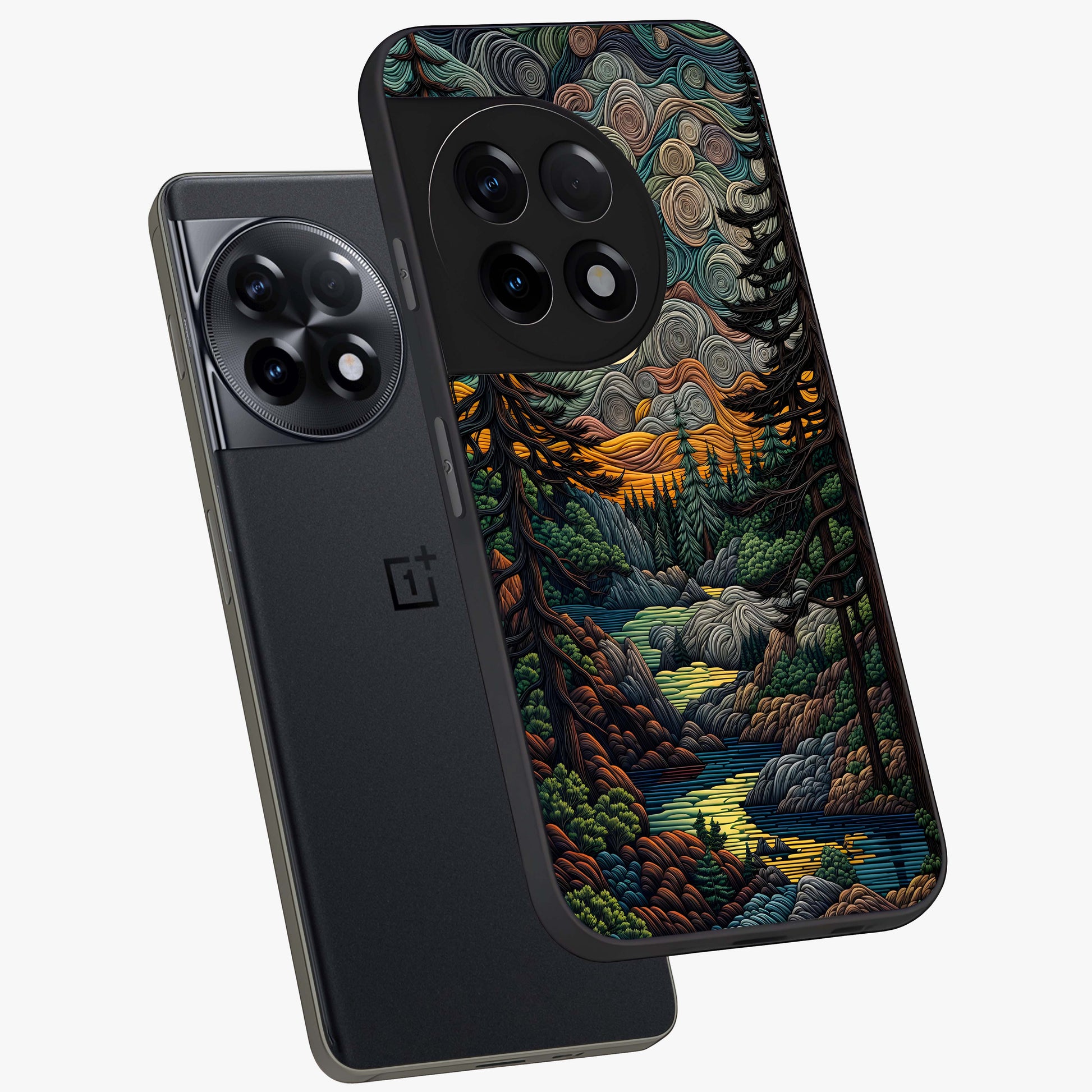 Moonlight Forest Dream Glass Case for 1+11R angled mockup showcasing glossy finish and deep night gradients