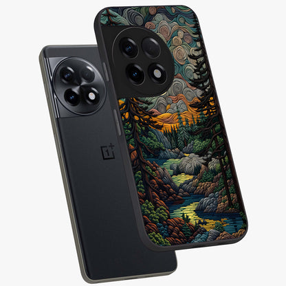 Moonlight Forest Dream Glass Case for 1+11R angled mockup showcasing glossy finish and deep night gradients