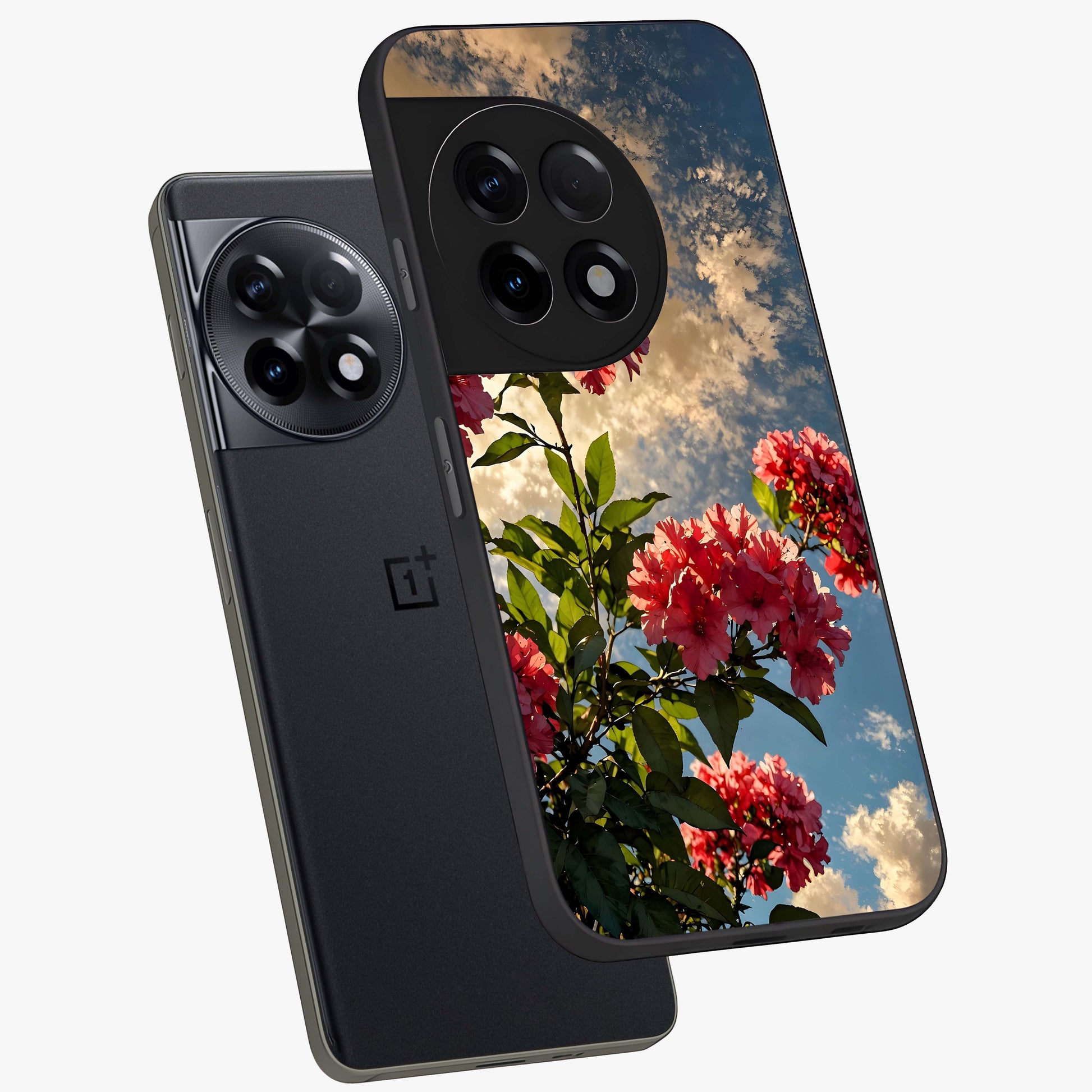 Moonlit Blossom Charm Glass Case for 1+11R angled mockup showcasing glossy glass finish and delicate bloom detailing
