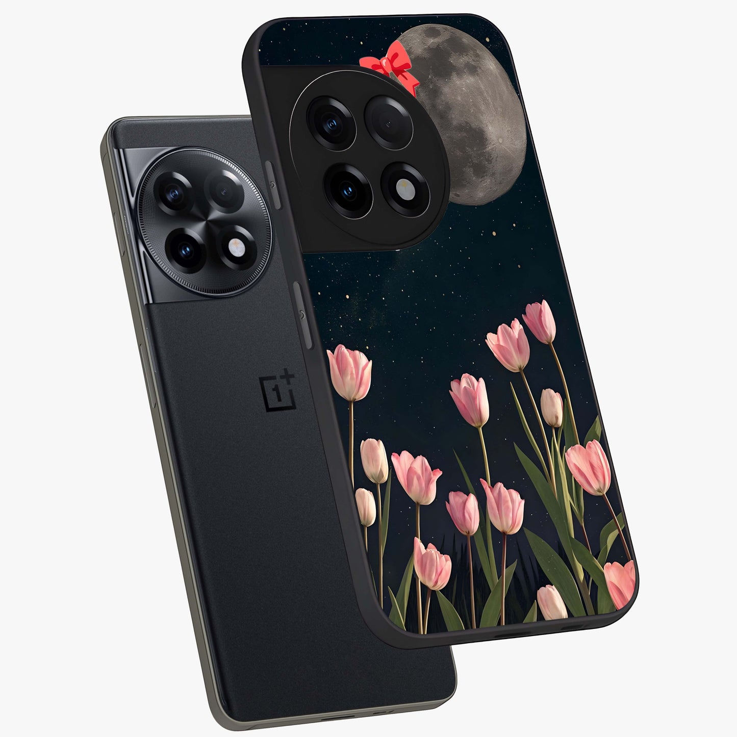 Moonlit Night Tulip Glass Case for 1+11R angled mockup showcasing glossy finish and soft luminous accents