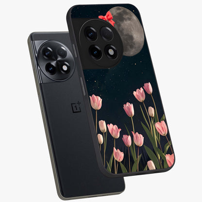 Moonlit Night Tulip Glass Case for 1+11R angled mockup showcasing glossy finish and soft luminous accents