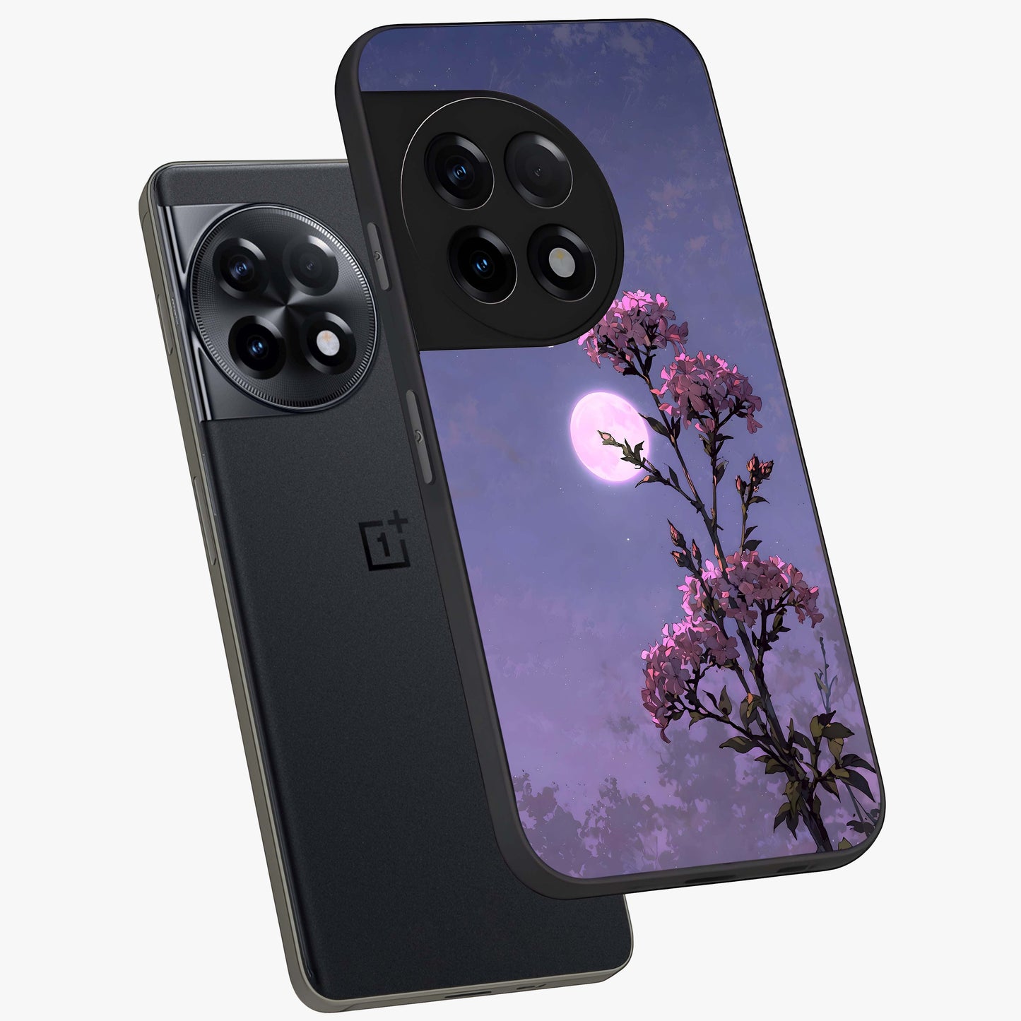 Moonlit Petal Night Glass Case for 1+11R angled mockup showcasing glossy finish and subtle moonlight detailing